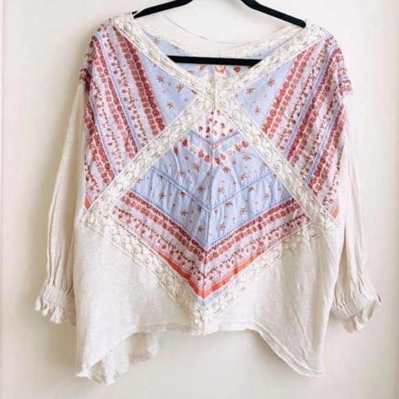 NWT Free People Prairie Days Ivory Lace Floral Patchwork Peasant Top - Picture 2 of 4